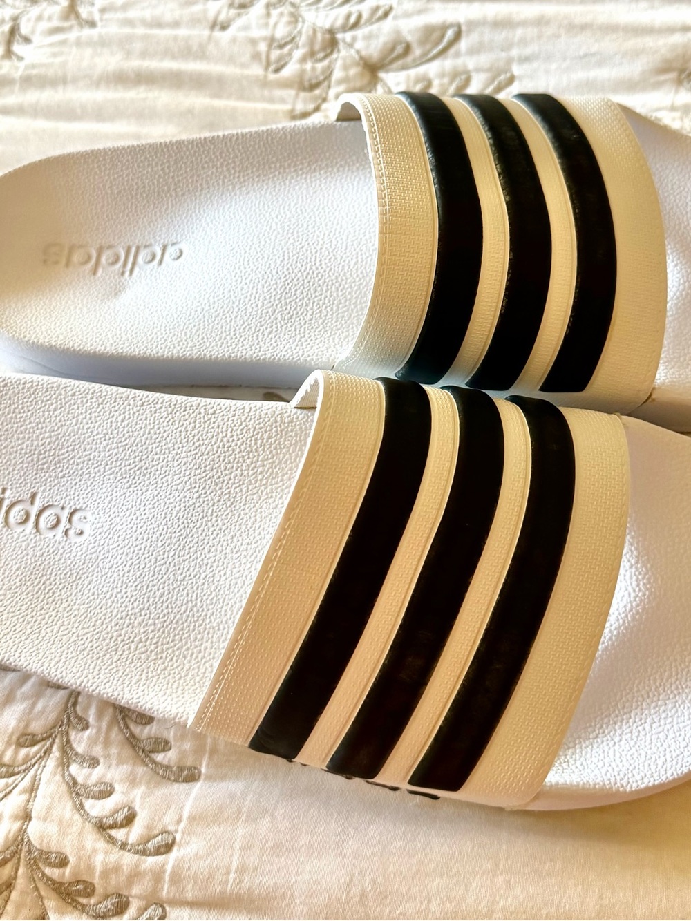Men’s Adidas White Slides with Black Triple Stripes